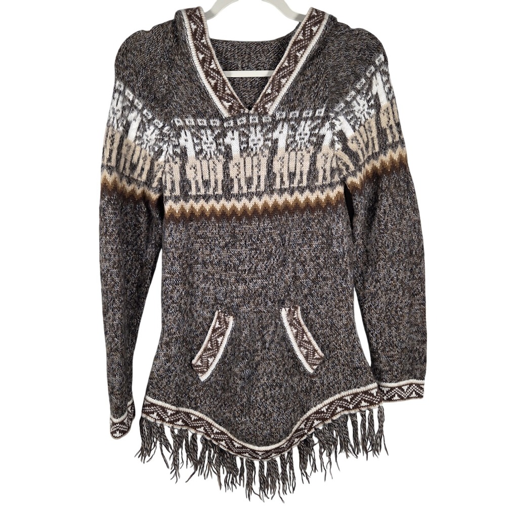 Grupo Brisanti Peru Alpaca Blend Hoodie Women XS Brown‎ Alpaca Fringe Boho Folk